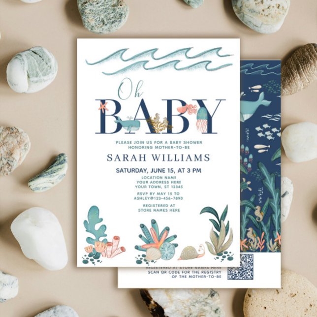 Convite Código QR Sob o Mar Aquarela Oh Churrasco de Bebê (Criador carregado)