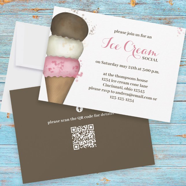 Convite Código QR Social de Sorvete Caprichoso em Aquarela (Criador carregado)