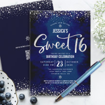 Código QR Sweet 16 Script Silver Navy Aquarela