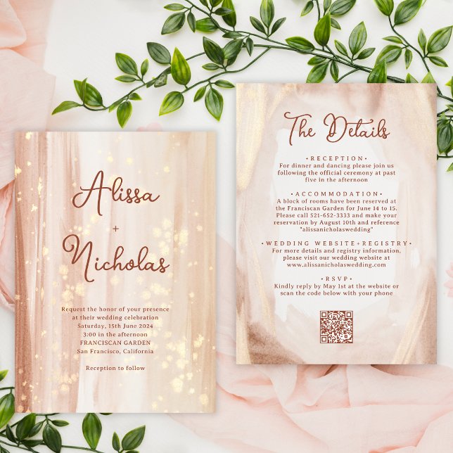 Convite Código QR Terracotta Dourada Watercolor Casamento  (Criador carregado)