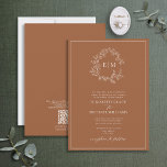 Convite Código QR Terracotta Formal Leafta Crest Monograma<br><div class="desc">Estamos adorando esta moda, convite formal para casamento em Terracotta! Simples, elegante e tão bonito, ele apresenta uma coroa desenhada à mão rodeando um monograma moderno de casamento. Tradicional em termos de redação, apresenta os nomes dos pais que alojam o casamento, é personalizado em tipografia elegante, e acentuado com caligrafia...</div>