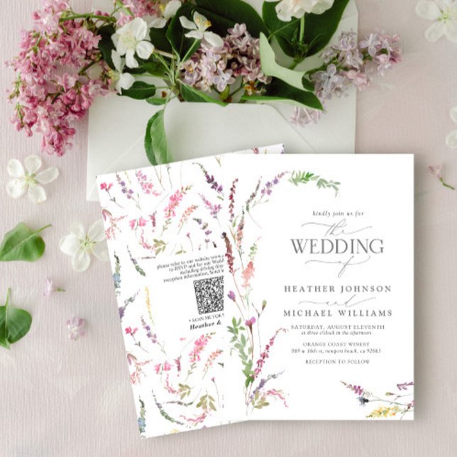 Convite Código QR Trendy Elegant Wildflower Wedding (Criador carregado)