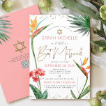 Convite Código QR Tropical Bat Mitzvah Floral Dourado Scri<br><div class="desc">Sinta-se orgulhoso, regozije e mostre este marco da sua Bat Mitzvah favorita! Envie este convite sofisticado e personalizado com código QR para um evento inesquecível. Estiloso, deslumbrante, colorido, flores tropicais de aves do paraíso em aquarela, escrita à mão em dourado falso, Estrela de Davi e pontos cintilantes, juntamente com tipo...</div>