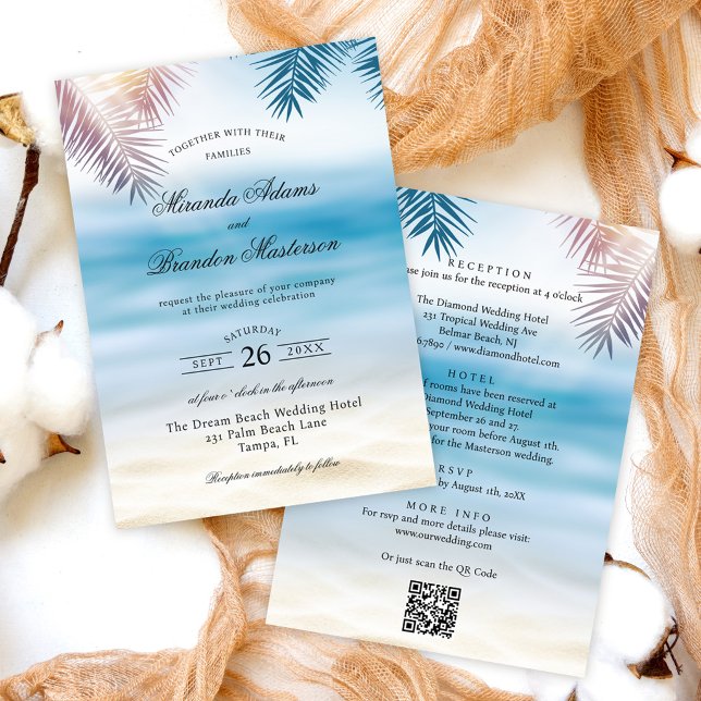 Convite Código QR Tropical Palm Beach Casamento Tudo em Um (Criador carregado)