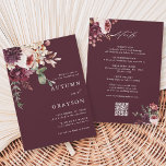 Convite Código QR Tudo em Um Casamento de Borgonha Romance<br><div class="desc">Este convite para o casamento apresenta um buquê de flor de aquarela de dahlia, rosa de jardim, e hydrangea em vermelho-burgundy, marrom, rosa-pincel com detalhes de casamento, e um link de código QR no verso. Para uma personalização mais avançada deste design, clique no BOTÃO FERRAMENTA DESIGN AZUL. Itens correspondentes também...</div>