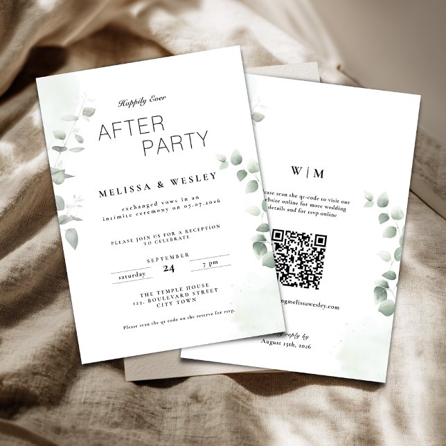 Convite Código QR Vegetação Festa Felizes para Sempre Casa (Happy ever after party wedding reception invitation with greenery eucalyptus details.)