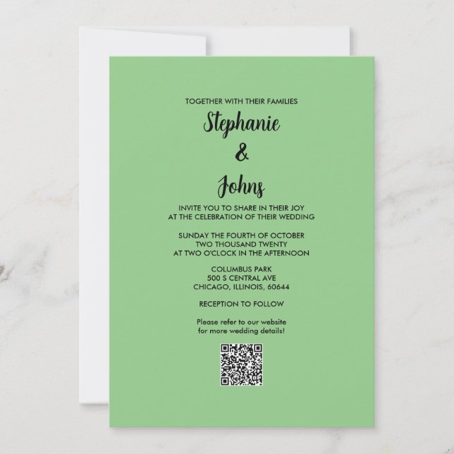 Convite Código QR Verde de Sage Casamento Simples de Scrip (Frente)