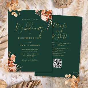 Convite Código QR Verde Esmeralda e Dourado para Casamento