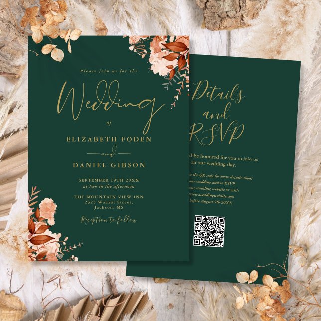 Convite Código QR Verde Esmeralda e Dourado para Casamento (Emerald Green And Gold QR Code Fall Wedding Invitation)