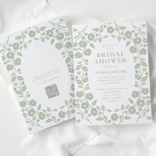 Convite Código QR Verde Sage Chá de panela Floral Branco F