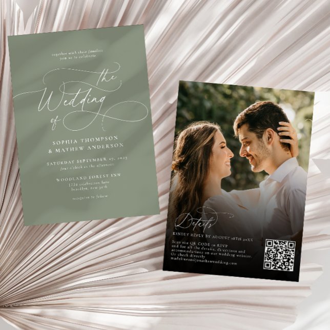 Convite Código QR Verde Sage Elegante Rsvp Foto Casamento (Criador carregado)