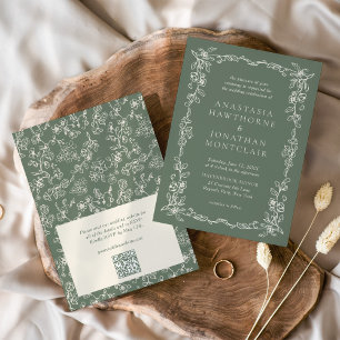Convite Código QR Verde Sálvia Elegante para RSVP Casament