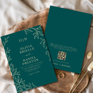 Convite Código QR Verde Teal e Casamento Mínimo Dourado de