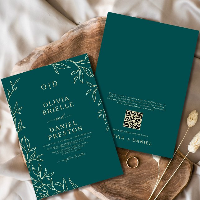 Convite Código QR Verde Teal e Casamento Mínimo Dourado de (Criador carregado)