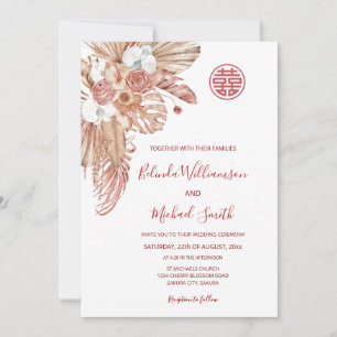 Convite Código QR   Watercolor Boho Flowers Chinese Wedds