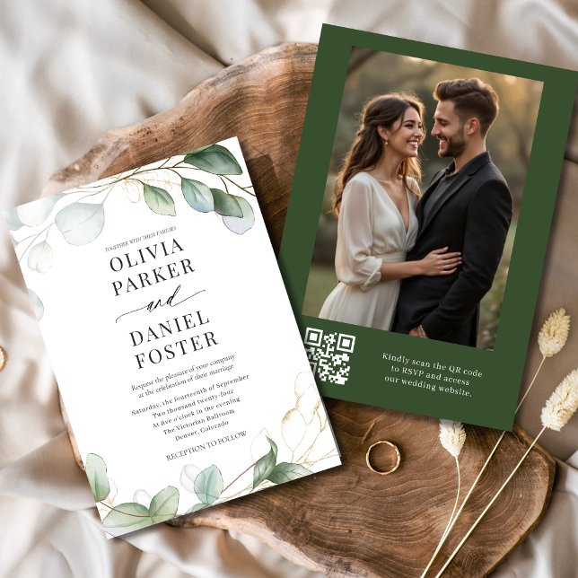 Convite Código Russo Eucalyptus QR Foto Casamento Verde (Criador carregado)