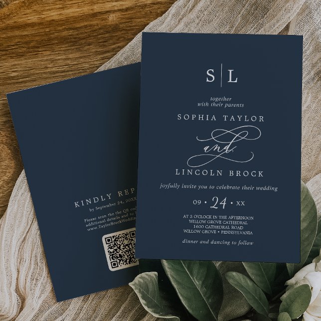 Convite Código SOPHIA QR Azul Escuro Moderno Tudo em Um Ca (SOPHIA QR Code Dark Blue Modern All In One Wedding Invitation)