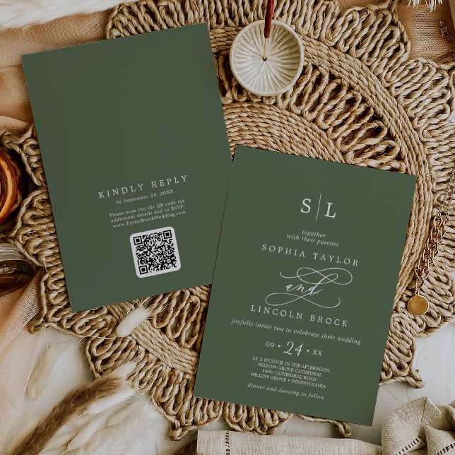 Convite Código SOPHIA QR Boho Olive Green - Tudo em um cas (SOPHIA QR Code Boho Olive Green All In One Wedding Invitation)