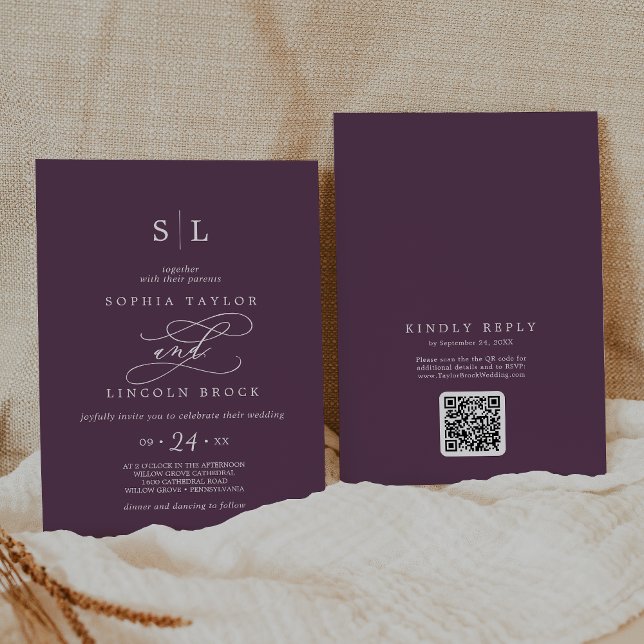 Convite Código SOPHIA QR Dark Plum Moody Tudo em um único  (SOPHIA QR Code Dark Plum Moody All In One Wedding Invitation)