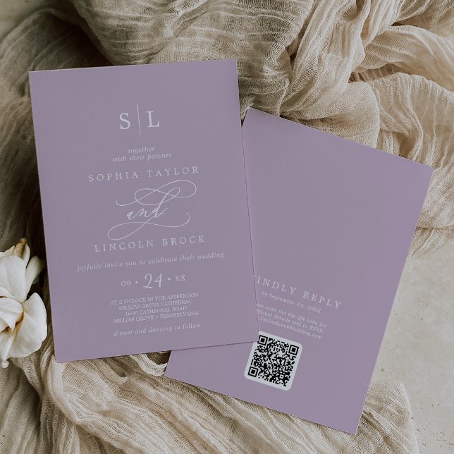 Convite Código SOPHIA QR Roxo Lilac Tudo em Um Casamento (SOPHIA QR Code Lilac Purple All In One Wedding Invitation)