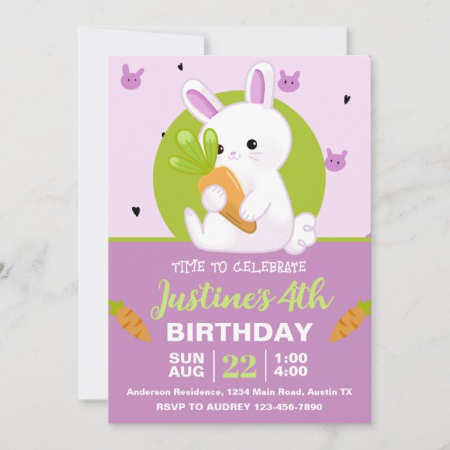 Convite Coelhinho bonito com Festa de aniversário de Cenou (Frente)