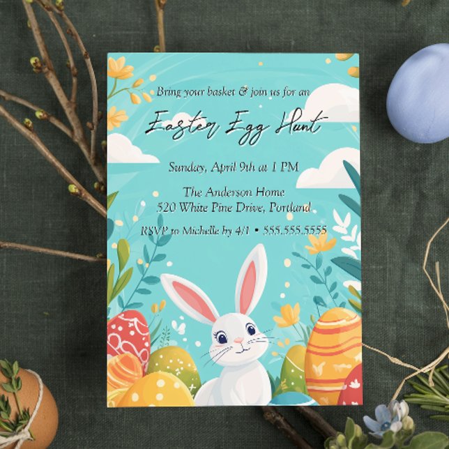 Convite Coelhinho bonito com flores de ovos Caça de Ovo de (Criador carregado)