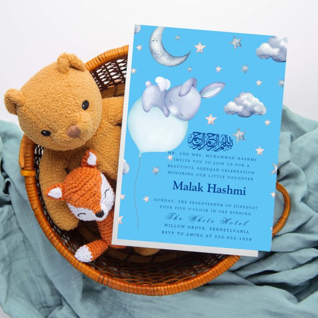 Convite Coelhinho Bonito e Bebê Azul-Islâmico Aqiqa Aqeqa (Criador carregado)