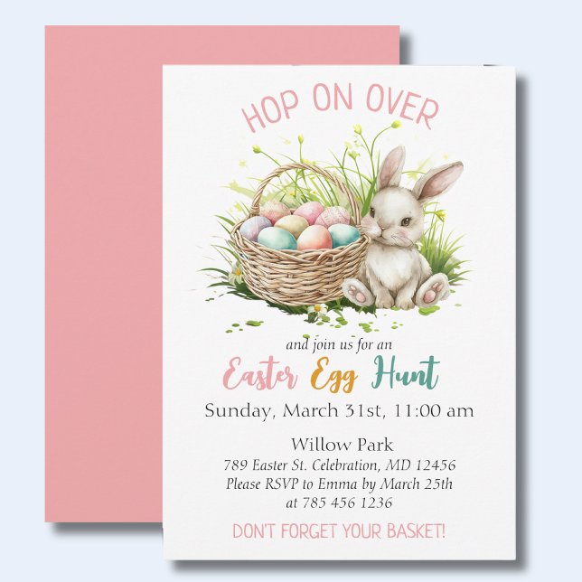 Convite Coelhinho de Aquarela + Cesta|Caça-Ovo de Páscoa R (Celebrate Easter in style with this modern, colorful invitation perfect for your gathering. )