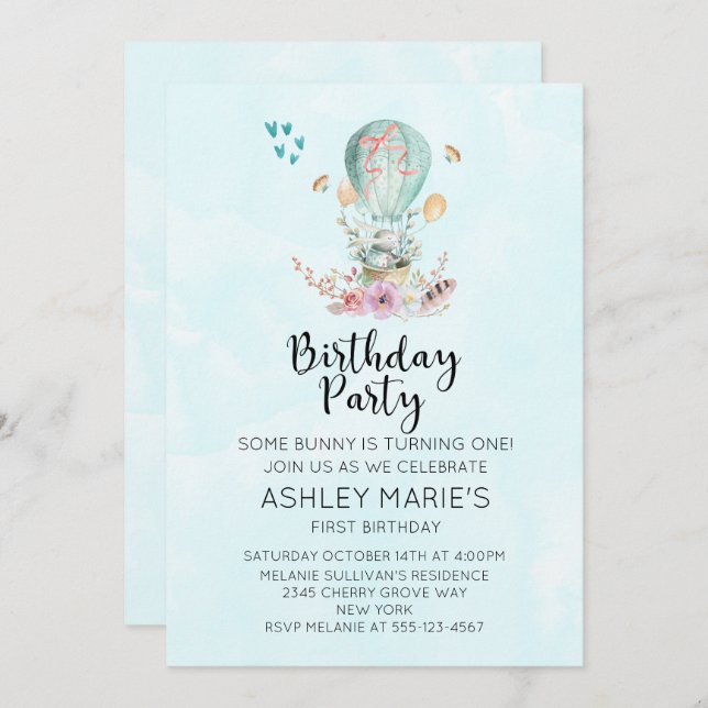 Convite Coelhinho de Bebê Whimsical em uma Festa de aniver (Frente/Verso)