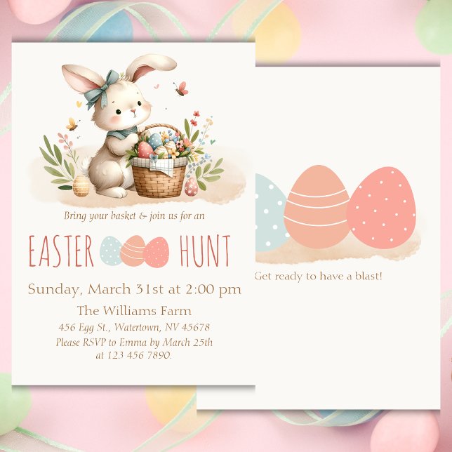 Convite Coelhinho De Caça De Ovo De Páscoa (Host a joyful Easter celebration with this fresh, cute, and colorful invitation. Gett yours today!)