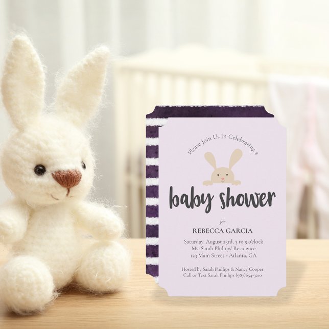 Convite Coelhinho de Chuveiro de Bebê Roxo Neutro em Gêner (Criador carregado)