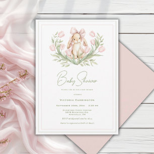 Convite Coelhinho de Fita de Tulipas Rosa Churrasco de Beb