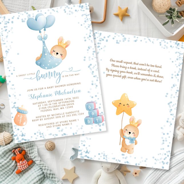 Convite Coelhinho de Garoto Doce com Chá de fraldas de Sol (Boy Rabbit Sweet Little Bunny Book Request Baby Shower Invitation)