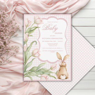 Convite Coelhinho de Gingham Rosa Tulipas Chá de Bebê Vint