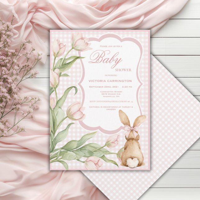 Convite Coelhinho de Gingham Rosa Tulipas Chá de Bebê Vint (Criador carregado)