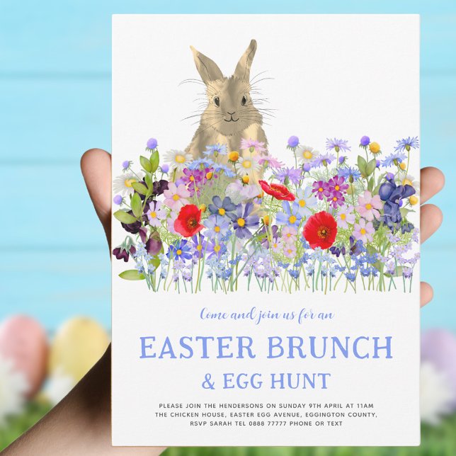 Convite Coelhinho de Páscoa e Flores Selvagens Caça de Ovo (Easter brunch and egg hunt invitation with colorful watercolor wildflowers and cute Easter bunny )