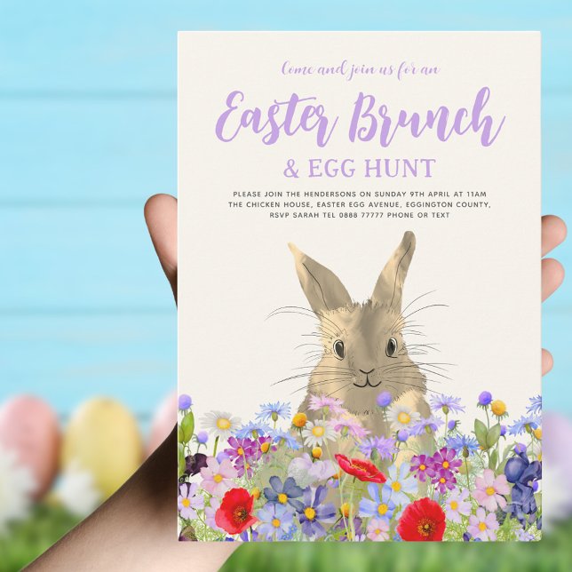 Convite Coelhinho de Páscoa e Flores Selvagens Caça de Ovo (Easter brunch and egg hunt boho wildflower cute Easter bunny invitation )