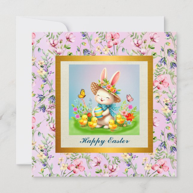 Convite Coelhinho de Páscoa Fofo e Flores Felizes de Prima (Frente)