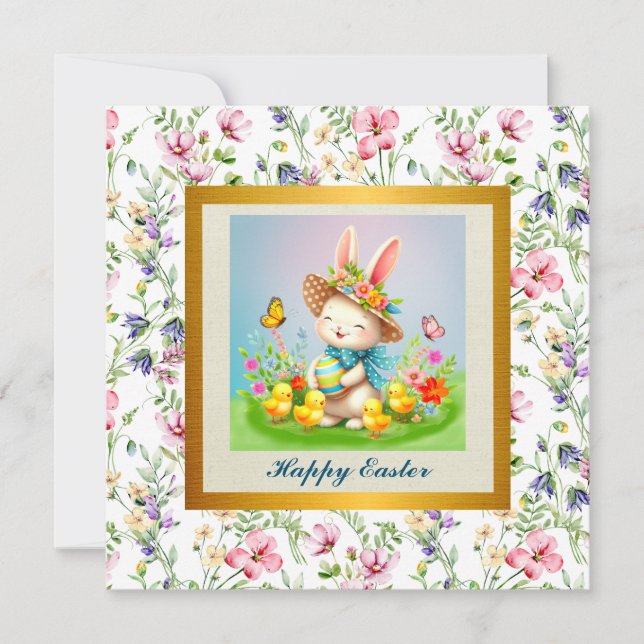 Convite Coelhinho de Páscoa Fofo e Flores Felizes de Prima (Frente)