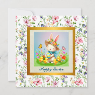 Convite Coelhinho de Páscoa Fofo e Flores Felizes de Prima