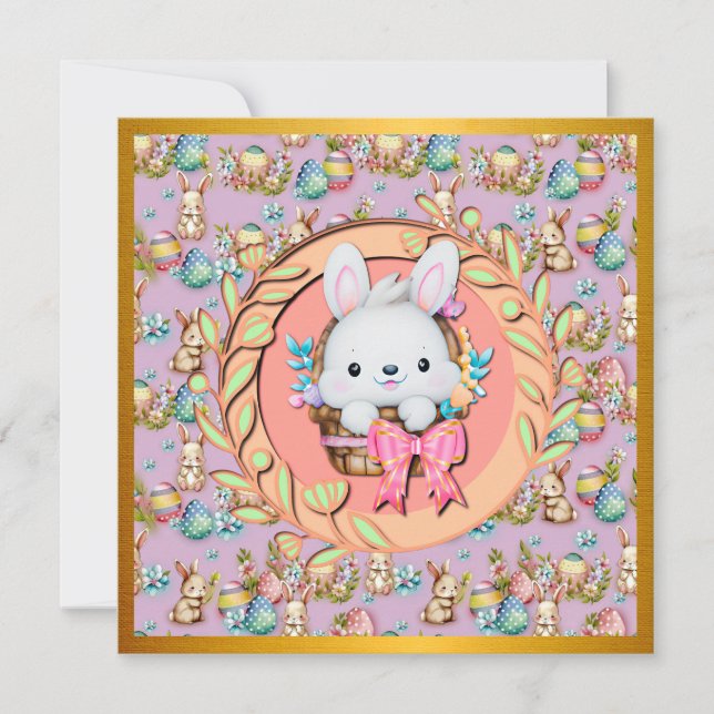 Convite Coelhinho de Páscoa Fofo Sentado na Cesta (Frente)