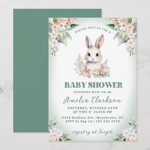 Convite Coelhinho Verde Suave e Floral Chás de Bebê