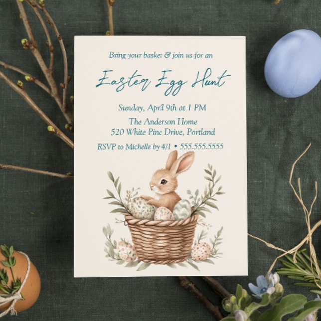 Convite Coelhinhos e Ovos na Cesta de Beige de Páscoa (Criador carregado)