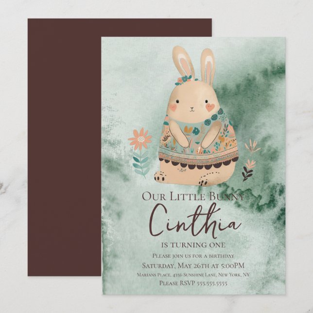 Convite Coelho Aquarela Páscoa Pastel Boho Aniversário Inv (Frente/Verso)