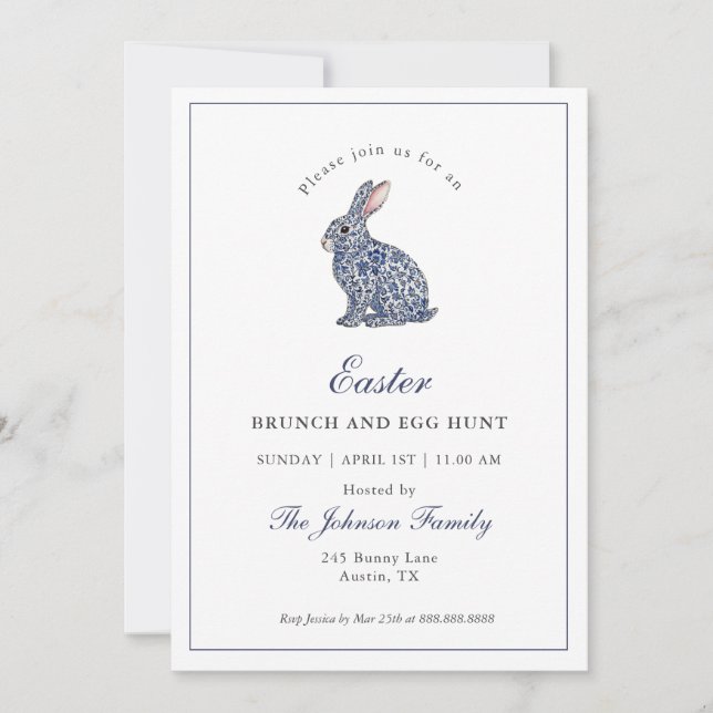 Convite Coelho Blue & White Chinoiserie Brunch de Páscoa  (Frente)