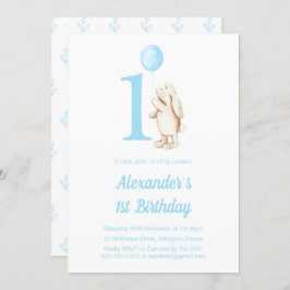 Convite Coelho Bonito e primeiro aniversario Azul Balão