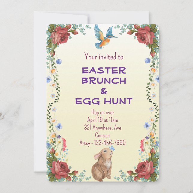 Convite Coelho, Borboleta, Pássaro & Rosas Vermelhas (Frente)