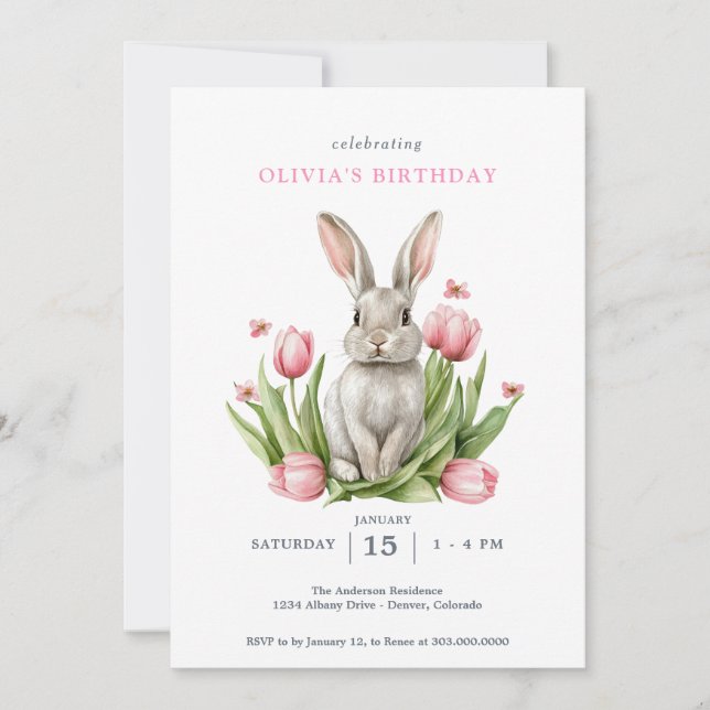 Convite Coelho Bunny Tulipas de Aquarela Rosa (Frente)