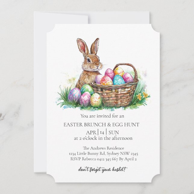 Convite coelho cesto com ovos decorativos e caça aos ovos (Frente)
