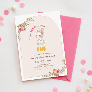 Convite Coelho Coelhinho Rosa Floral Aniversário de 1 ano